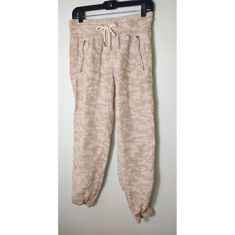 Athleta Cabo Tide Linen Joggers Camo Neutral Beige Gray Pants Size 4 drawstring